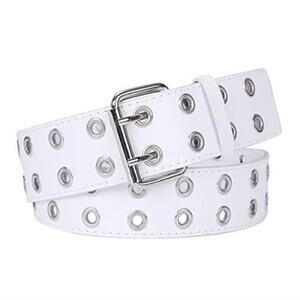 Double Grommet Punk Belt White Vegan Leather Studded Belt for Women Men Jeans